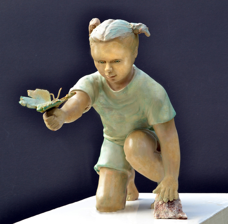 realistic bronze sculpture statue of young girl with butterfly lifelike figurative