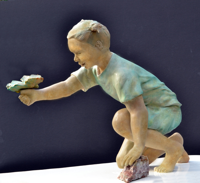 Realistic figurative bronze sculpture statue of Child and Butterfly children sculptures